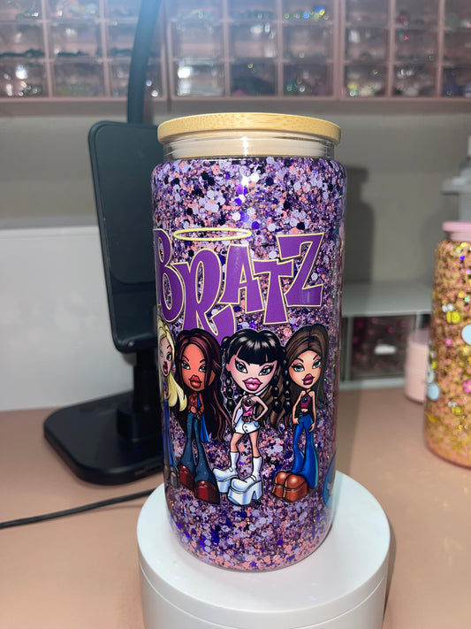 Ready to ship Bratz snowglobe glass handle 16oz